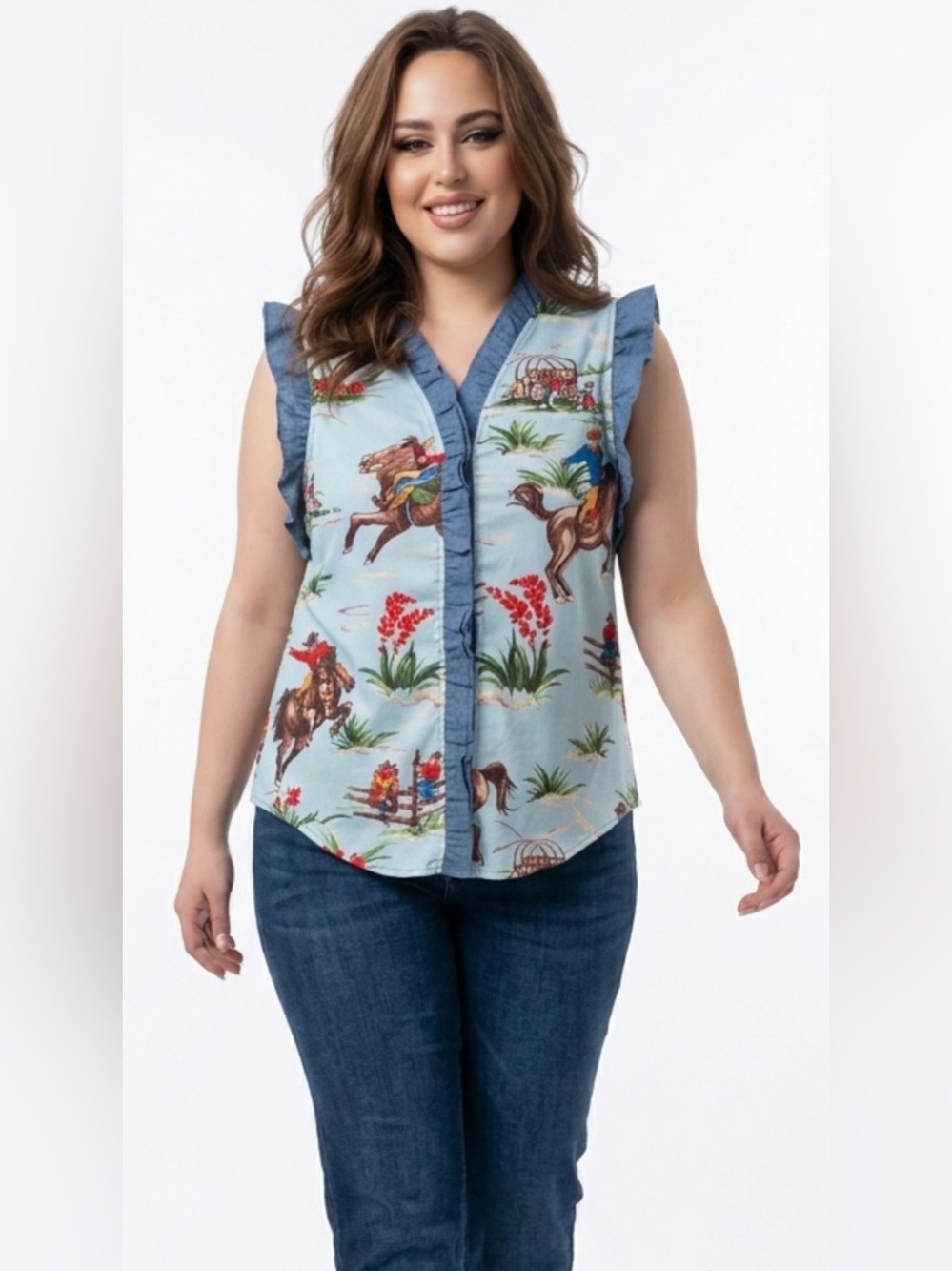 Sleeveless Cowboy Western Print Button-Front Top With Denim Frill Trim